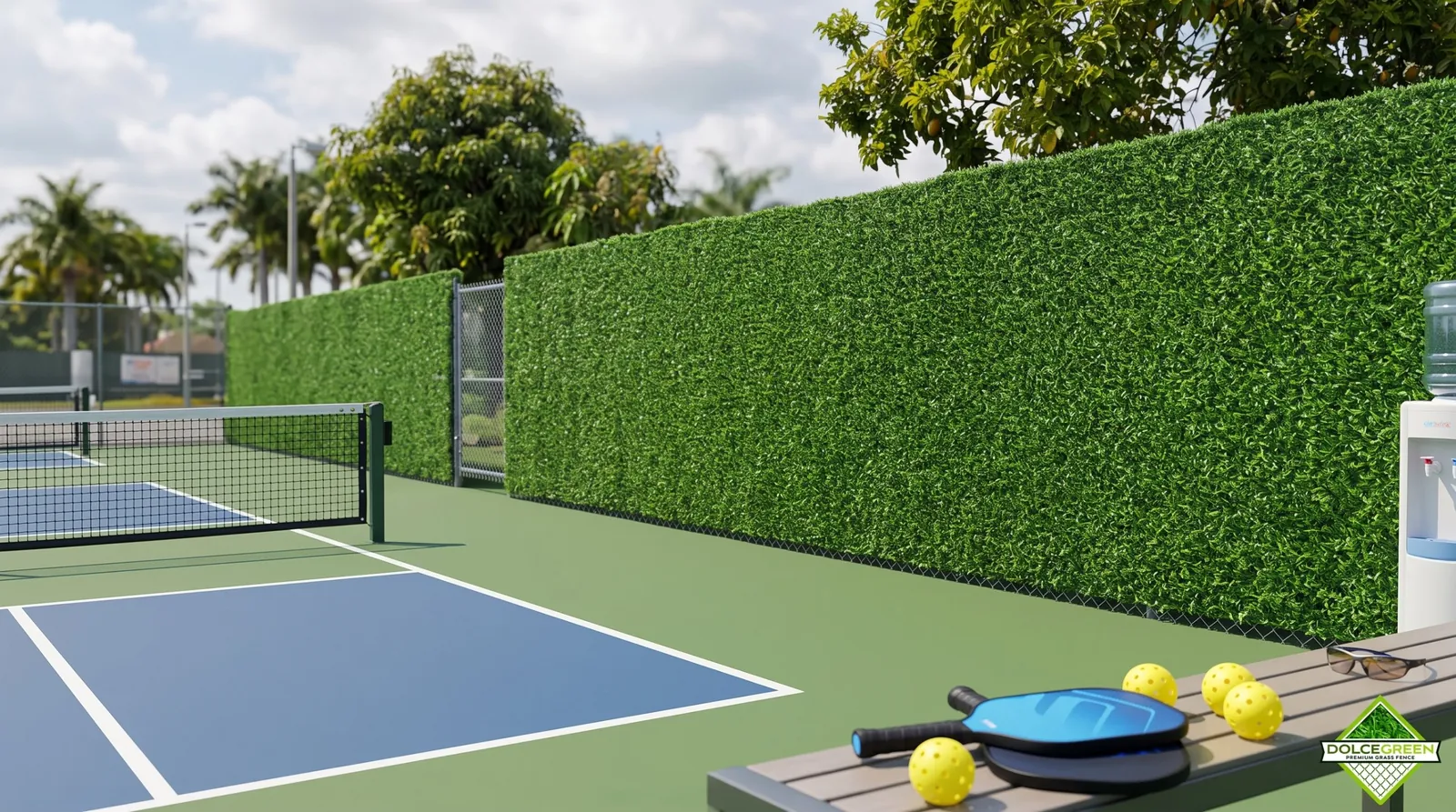 Pickleball court chain-link fence with a Dolce Green privacy grass screen