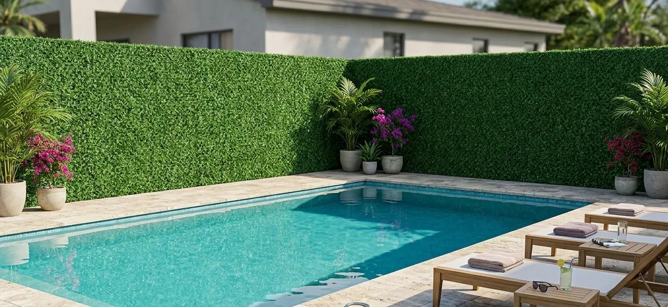 Pool deck privacy hedge wall made with Dolce Green grass fence